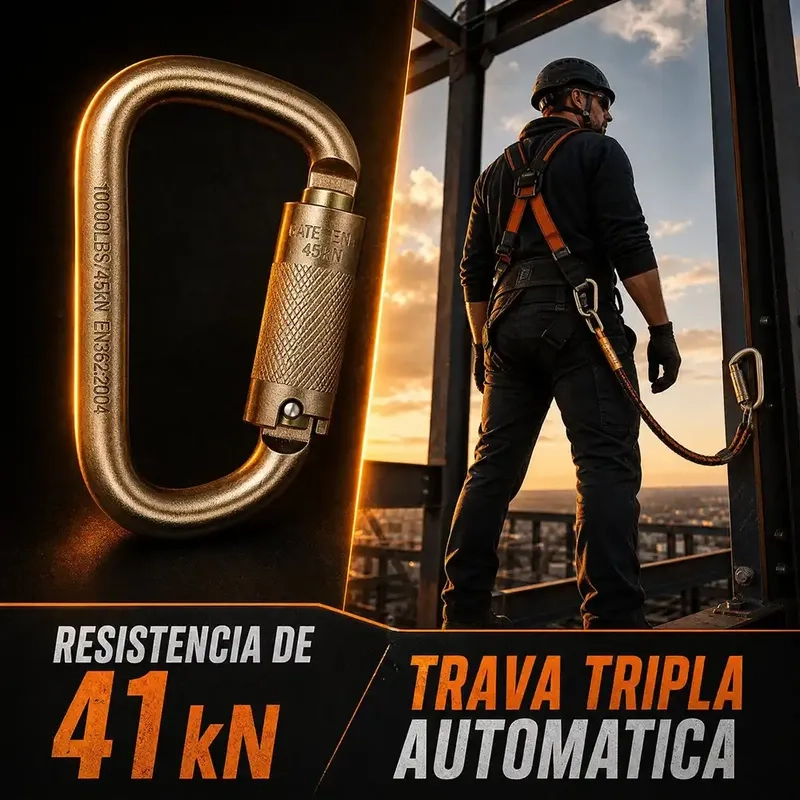 Mosquetão de Segurança Pera VIC-24302 Danny Linha Vicsa Aço Forjado Trava Tripla Automática Abertura 17 mm Carga de Ruptura 41 kN NBR 15837