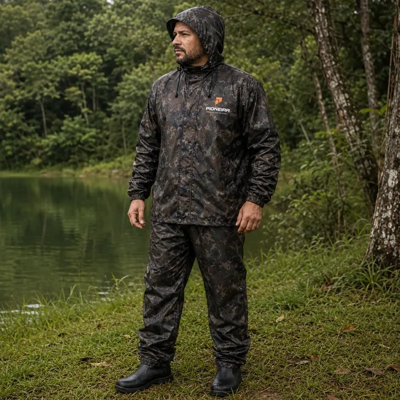 Conjunto de Chuva Nylon Pioneira 3200 Pescador Jaqueta e Calça Camuflado CA 42102 e 42104