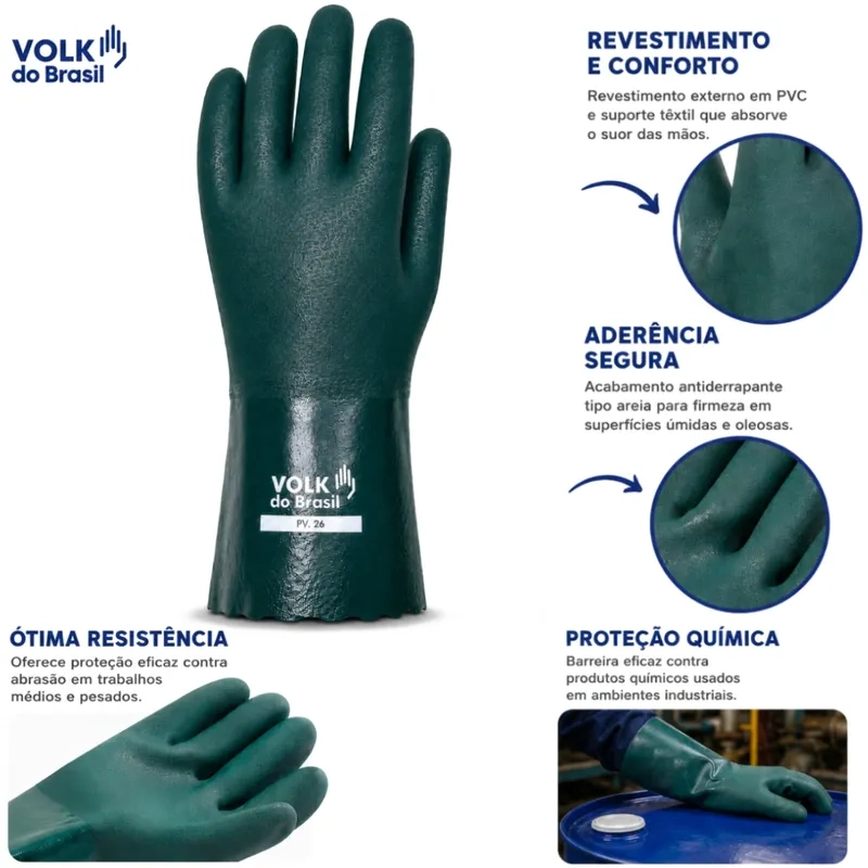 Luva de PVC Volk 26cm Verde Forrada Antiderrapante Proteção Química e Mecânica 10.25.103.03 CA 37127
