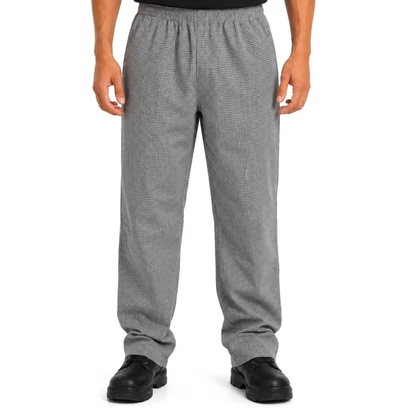 Calça Carijó Xadrez Pied de Poule Cozinheiro Chef Gastronomia Cozinha Industrial Profissional Unissex Elástico Total 2 Bolsos 75% Poliéster 25% Algodão