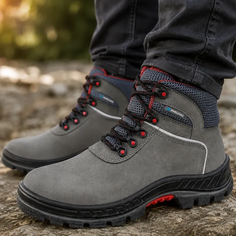 Bota Marluvas Premier 75BPR29 MSC BP Couro Nubuck Cinza e Vermelho Bico PVC CA 41370