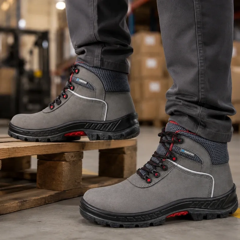 Bota Marluvas Premier 75BPR29 MSC BP Couro Nubuck Cinza e Vermelho Bico PVC CA 41370