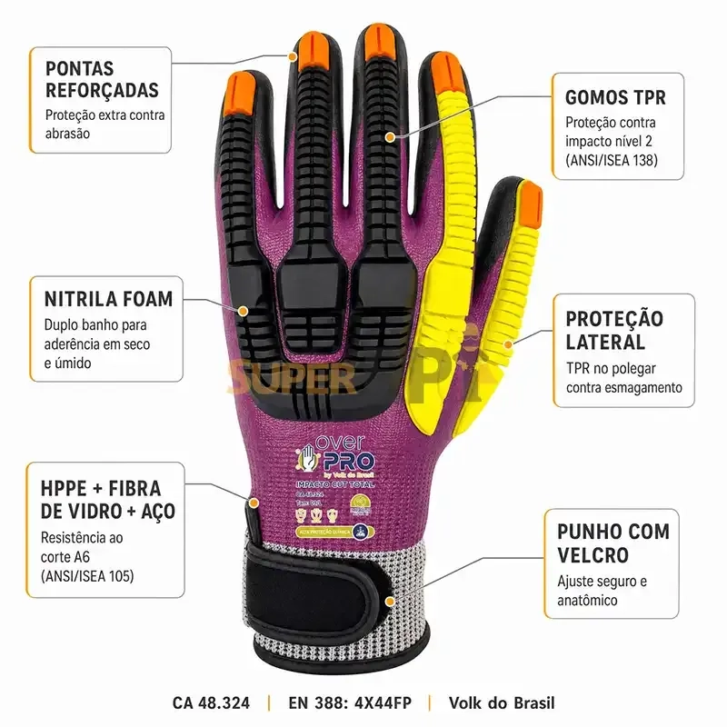 Luva Volk Overpro Impacto Cut Total Roxo 10.09.192.28 Anticorte TDM F Impacto Dorso TPR CA 48324