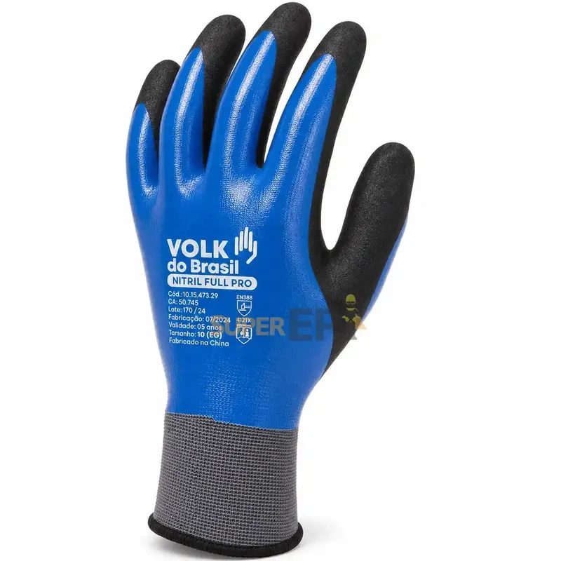 Luva Volk Nitril Full Pro Azul Preto Banho Nitrílico Total Mecânica Térmica e Peças Oleadas CA 50745