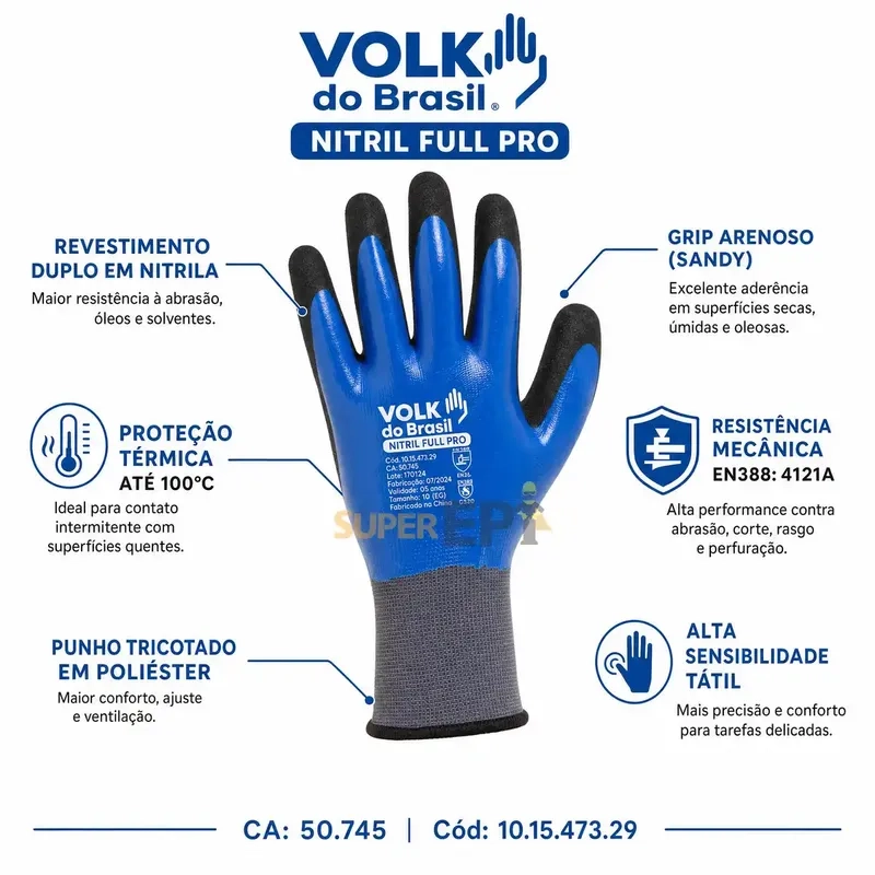 Luva Volk Nitril Full Pro Azul Preto Banho Nitrílico Total Mecânica Térmica e Peças Oleadas CA 50745