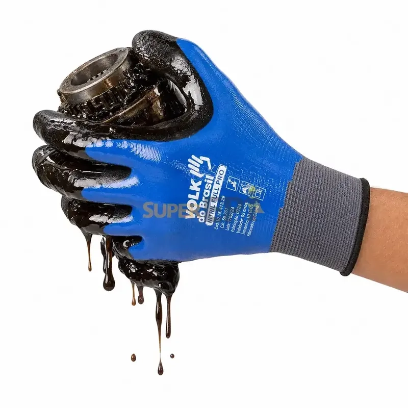 Luva Volk Nitril Full Pro Azul Preto Banho Nitrílico Total Mecânica Térmica e Peças Oleadas CA 50745