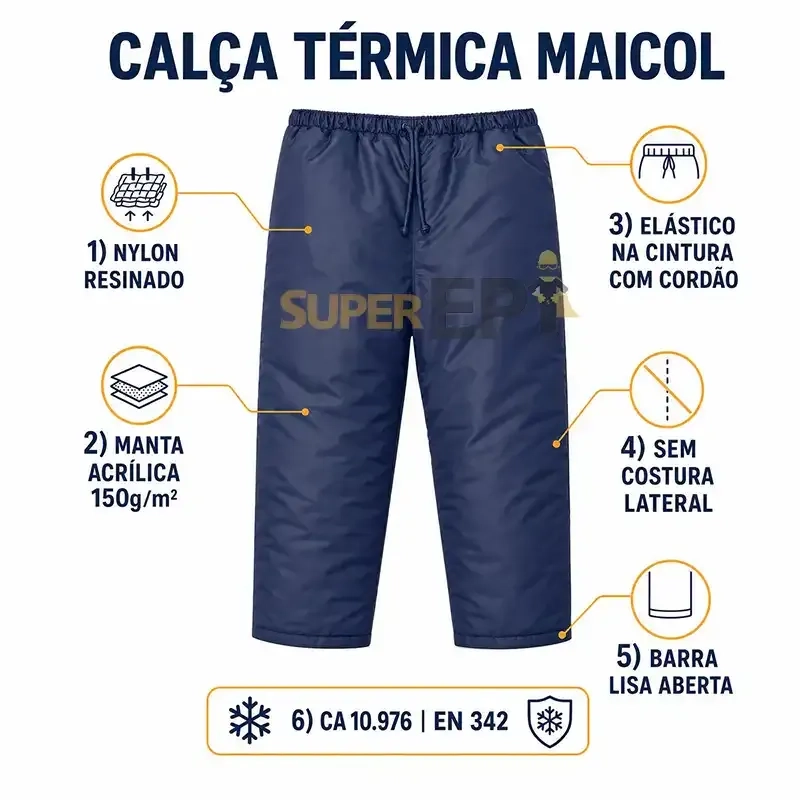 Calça Térmica Frigorífica Nylon Maicol Azul Marinho Sem Costura Lateral Manta 150g/m² Proteção Contra Frio Câmara Fria CA 10976