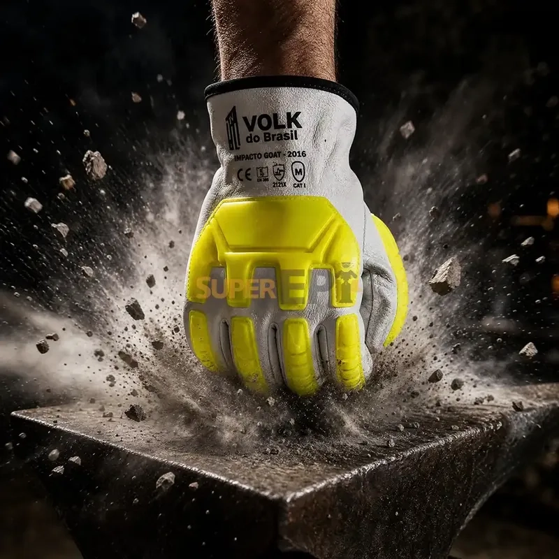 Luva Volk Impacto Goat Cinza Amarela Couro de Cabra HPPE Anticorte TDM F Impacto no Dorso CA 51382