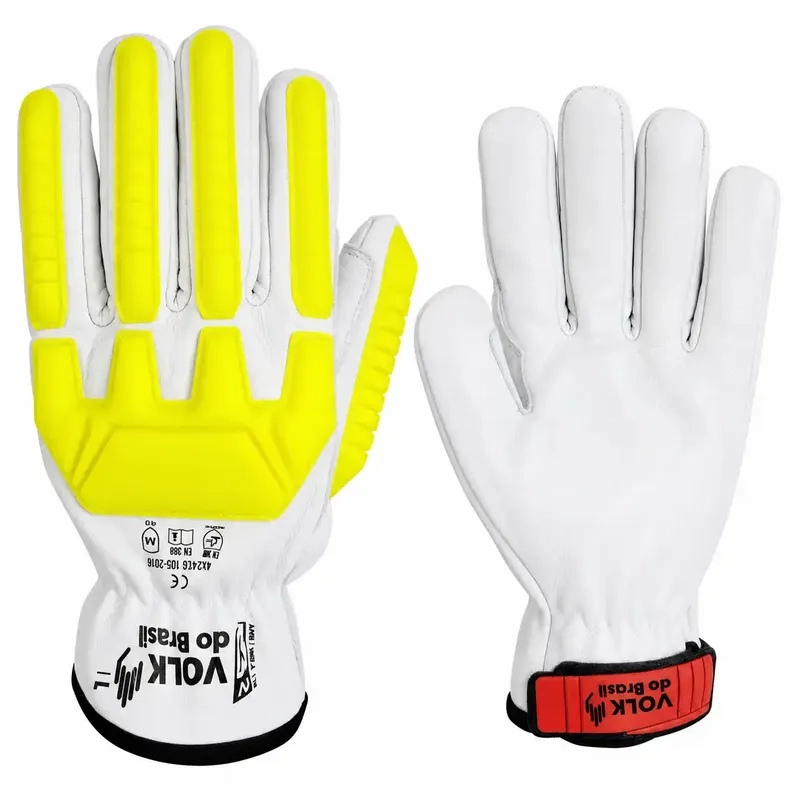 Luva Volk Impacto Goat Cinza Amarela Couro de Cabra HPPE Anticorte TDM F Impacto no Dorso CA 51382