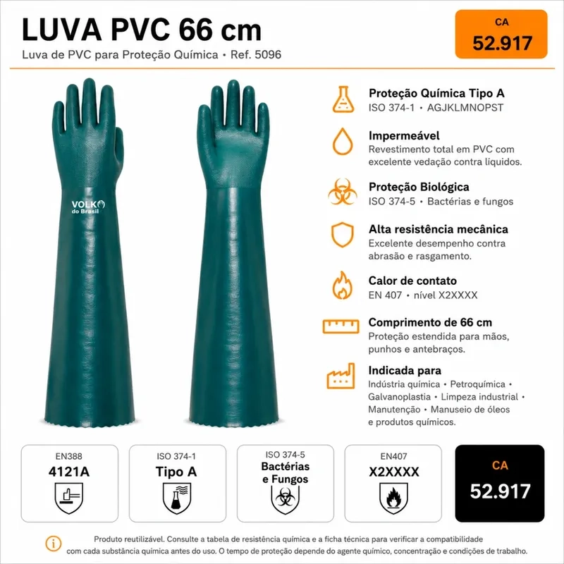 Luva PVC 66 Volk 10.25.151.03  Verde Química Tipo A Cano Longo 66 cm CA 52917