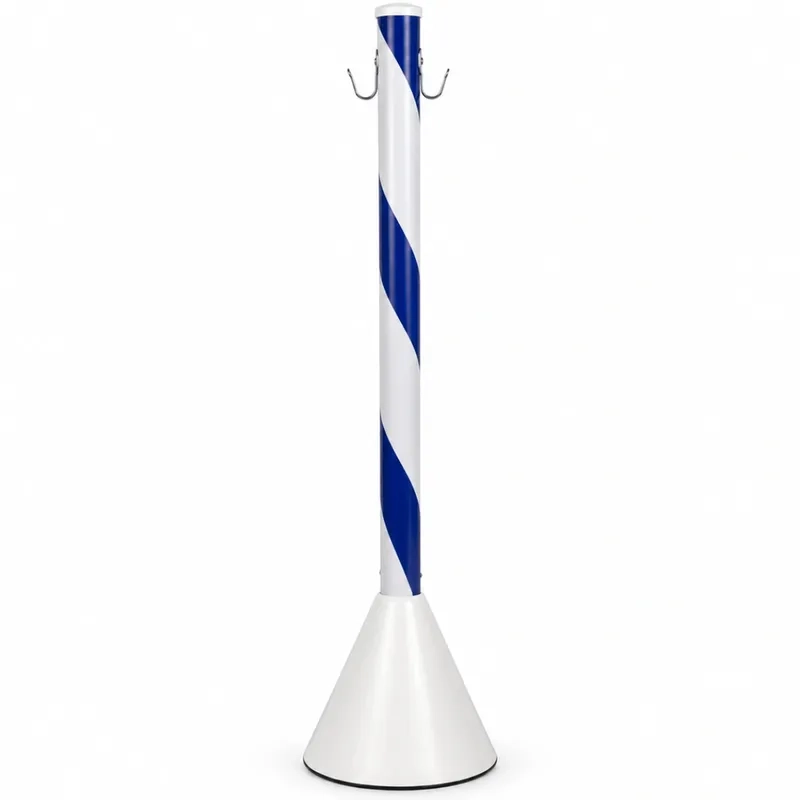 Pedestal de Sinalização 90cm Zebrado Branco e Azul com Base em Concreto e Gancho Metálico