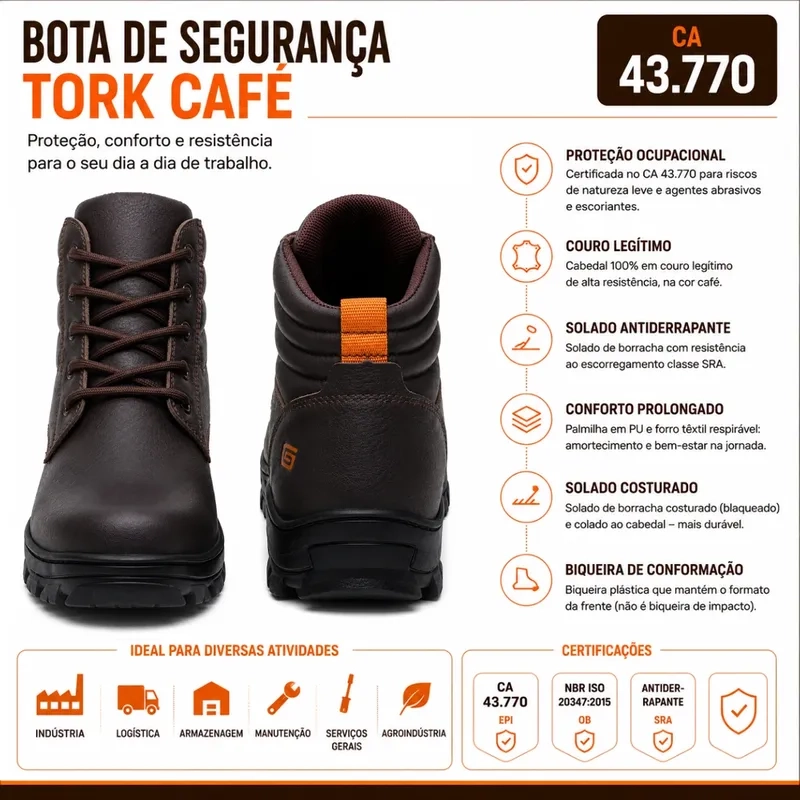 Bota de Segurança Gogowear Tork Café 100% Couro Legítimo e Solado Emborrachado CA 43770