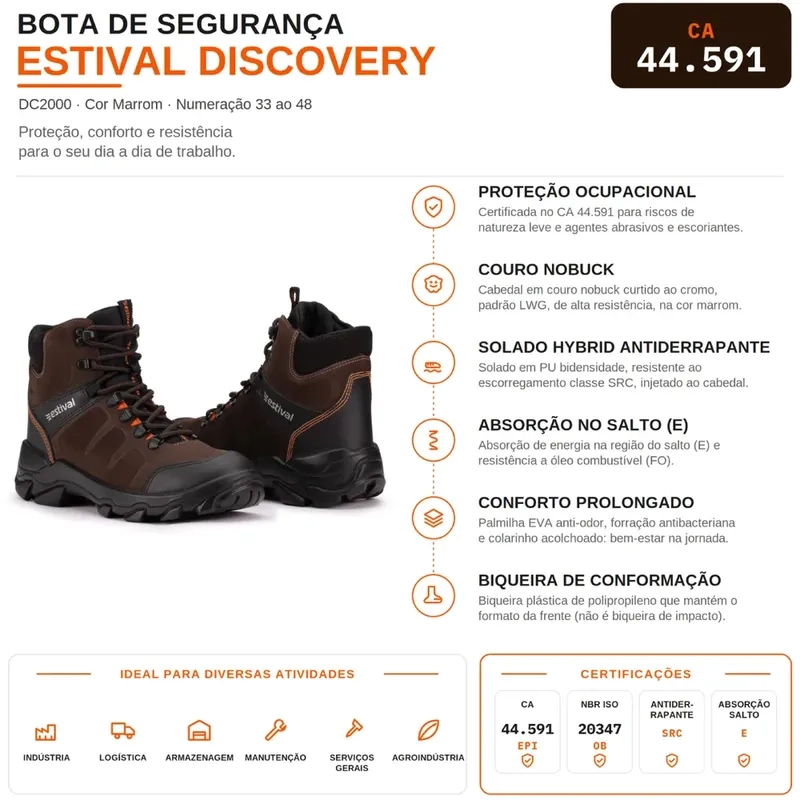 Bota de Segurança Estival Discovery DC20001S1 Marrom Bico de PVC CA 44591