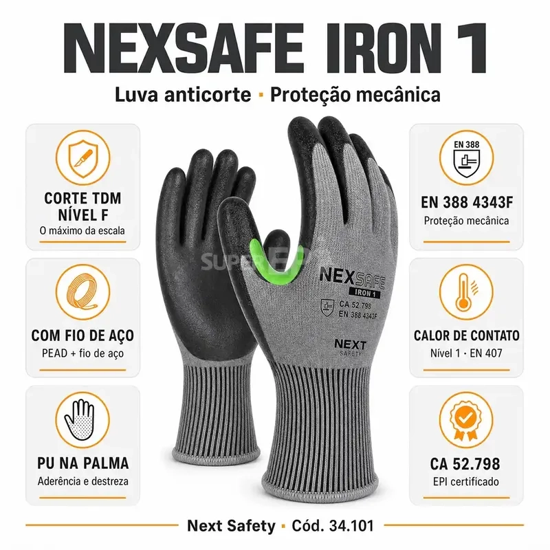 Luva Anticorte Nexsafe Iron 1 Next Safety Corte TDM Nível F Máximo EN 388 4343F Fio de Aço CA 52.798