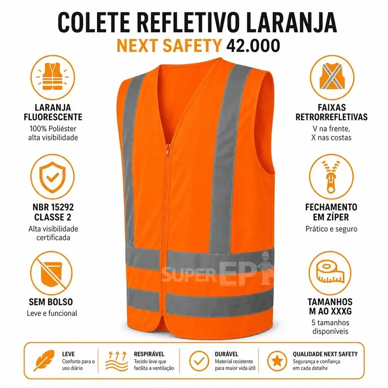 Colete Refletivo Sem Bolso Laranja Next Safety Alta Visibilidade NBR 15292 Classe 2 Zíper Cód 42.000
