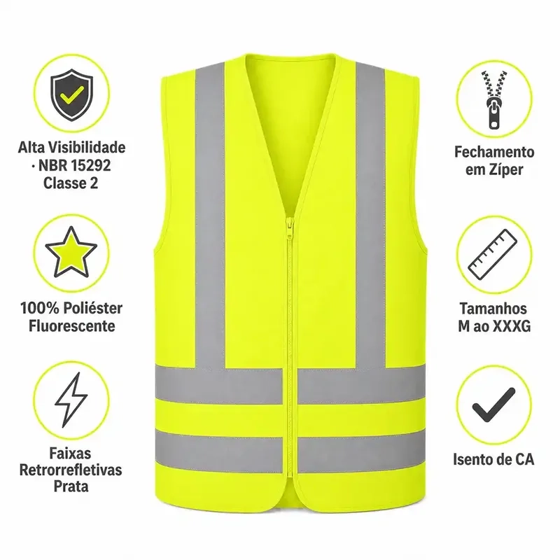 Colete Refletivo Sem Bolso Amarelo Next Safety Alta Visibilidade NBR 15292 Classe 2 Zíper Cód 41.000