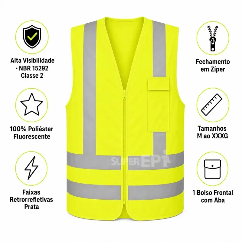 Colete Refletivo 1 Bolso Amarelo Next Safety Alta Visibilidade NBR 15292 Classe 2 Zíper Cód 41.101