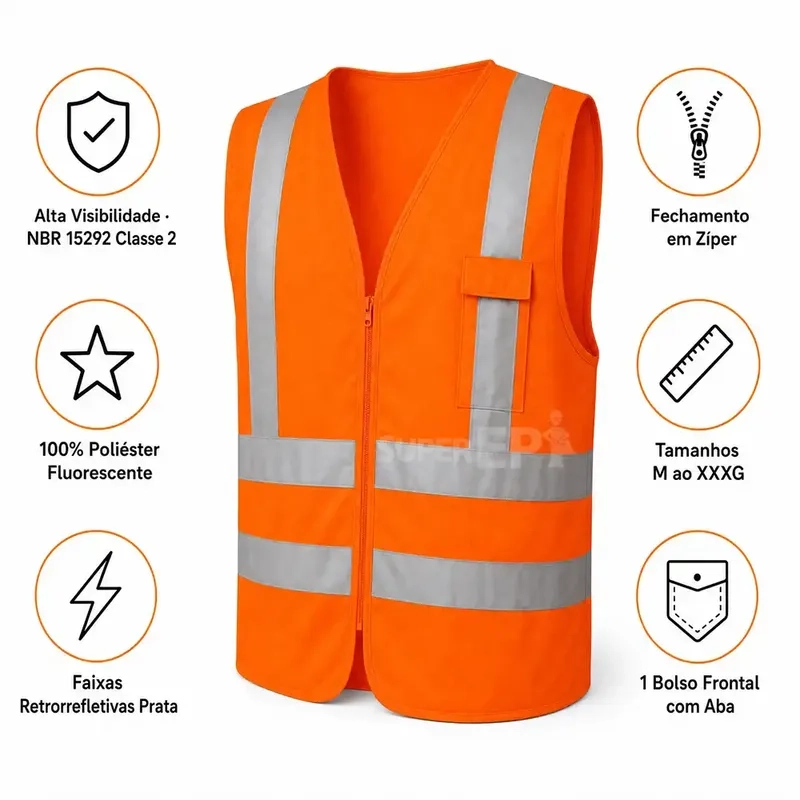 Colete Refletivo 1 Bolso Laranja Next Safety Alta Visibilidade NBR 15292 Classe 2 Zíper Cód 42.101