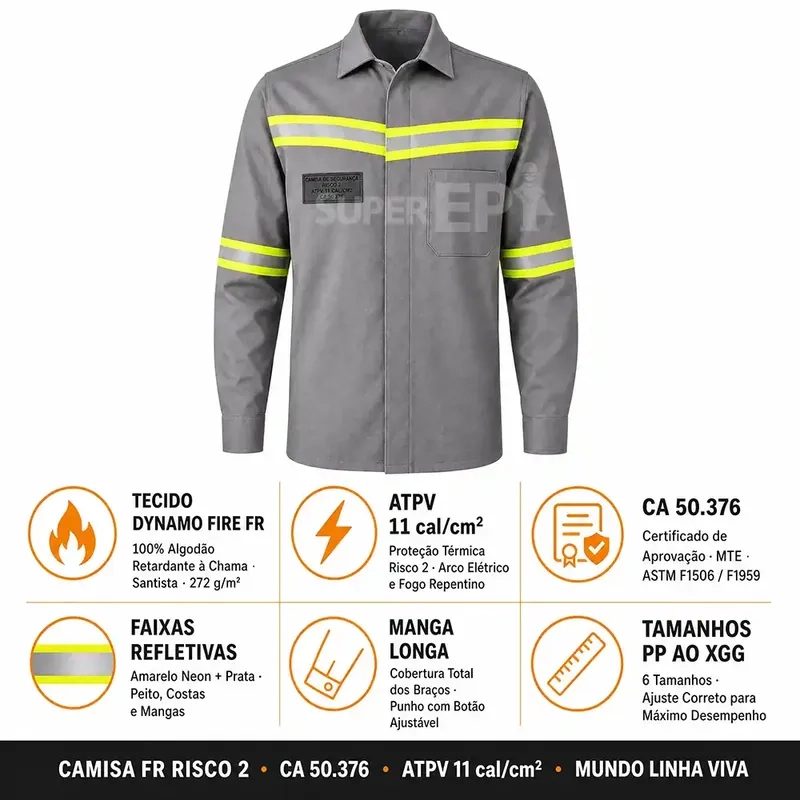 Camisa de Segurança FR Risco 2 ATPV 11 cal/cm² Arco Elétrico Fogo Repentino Cinza Mundo Linha Viva CA 50376