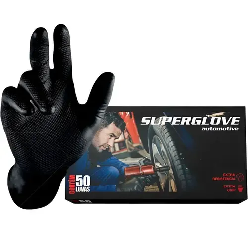 Luva Nitrílica Preta Super Glove Automotivo e Industrial 50 Unidades CA 38645