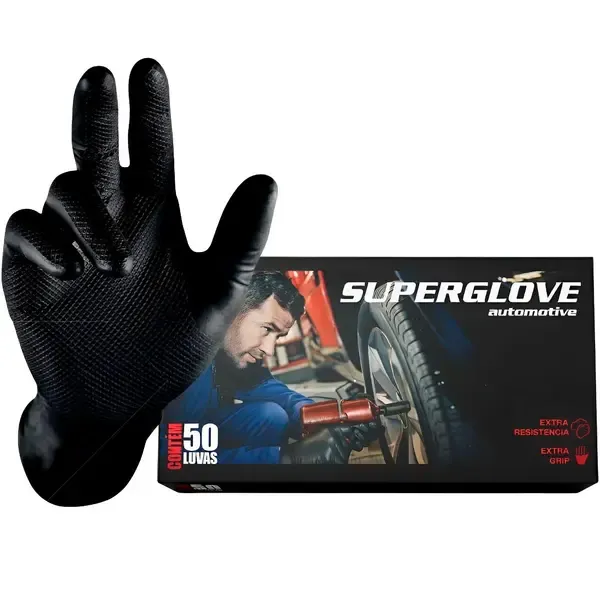Luva Nitrílica Preta Super Glove Automotivo e Industrial 50 Unidades CA 38645