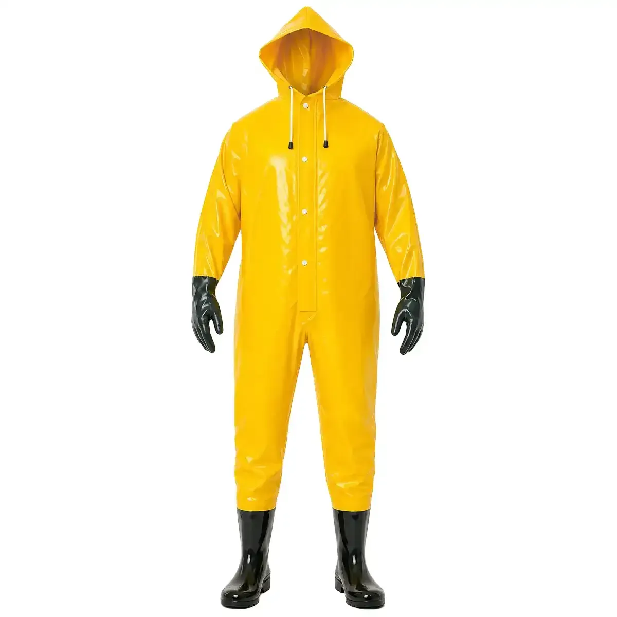 Macacão de Saneamento Brascamp 885-T Amarelo Trevira KP 500 com PVC Proteção Química Tipo 6 Luvas e Botas Acopladas Solda Eletrônica CA 28445