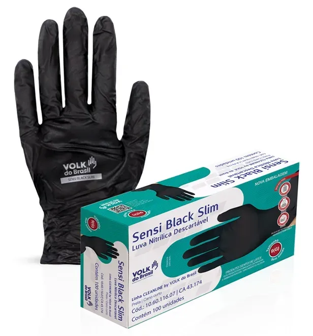 Luva Nitrílica Descartável Preta Sensivolk Black Slim Caixa com 100 Unidades CA 43174