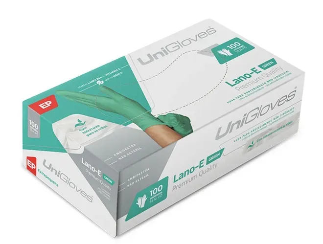 Luva Médica Descartável Unigloves Lano E-Green Não Cirúrgica Látex Sem Talco CA 42122