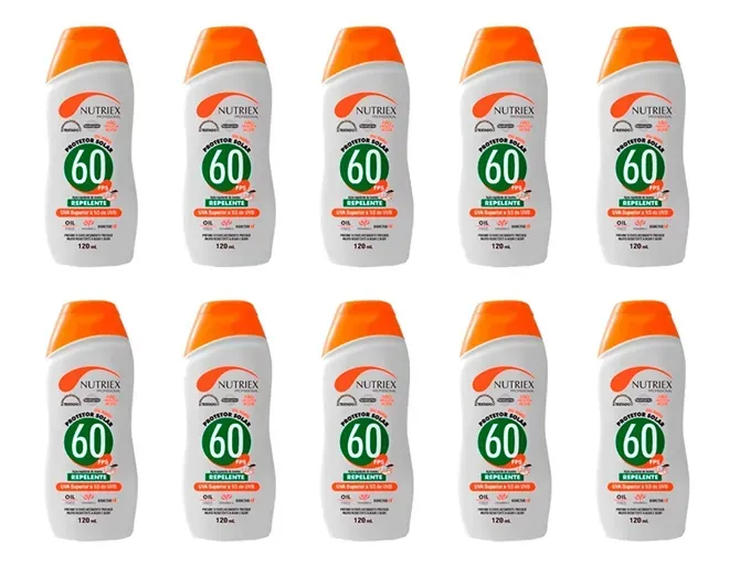 Protetor Solar Fator 60 Com Repelente  UVA e UVB Nutriex 120ml Caixa 10 Unidades