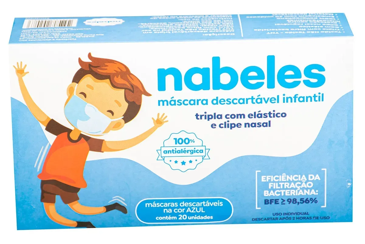 Máscara Tripla Infantil Azul Nabeles 100% Antialérgica Com Clipe Nasal 20 Unidades