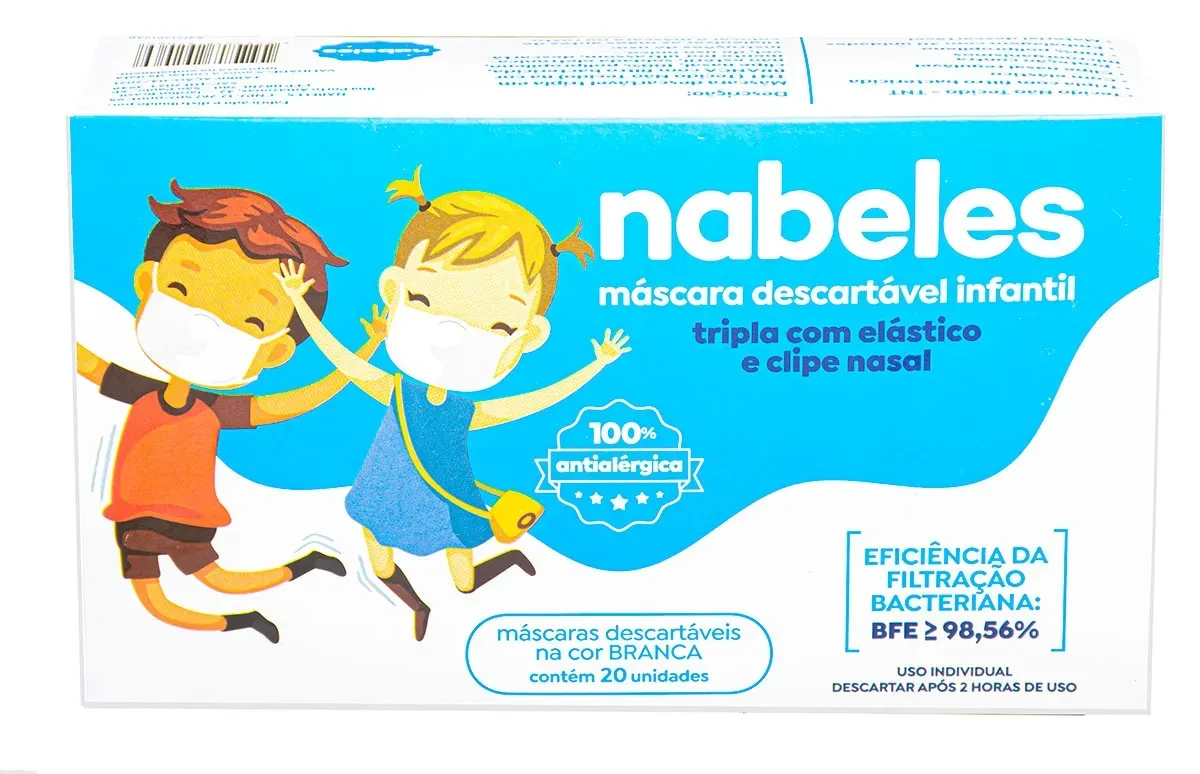 Máscara Tripla Infantil Branca Nabeles 100% Antialérgica Com Clipe Nasal 20 Unidades
