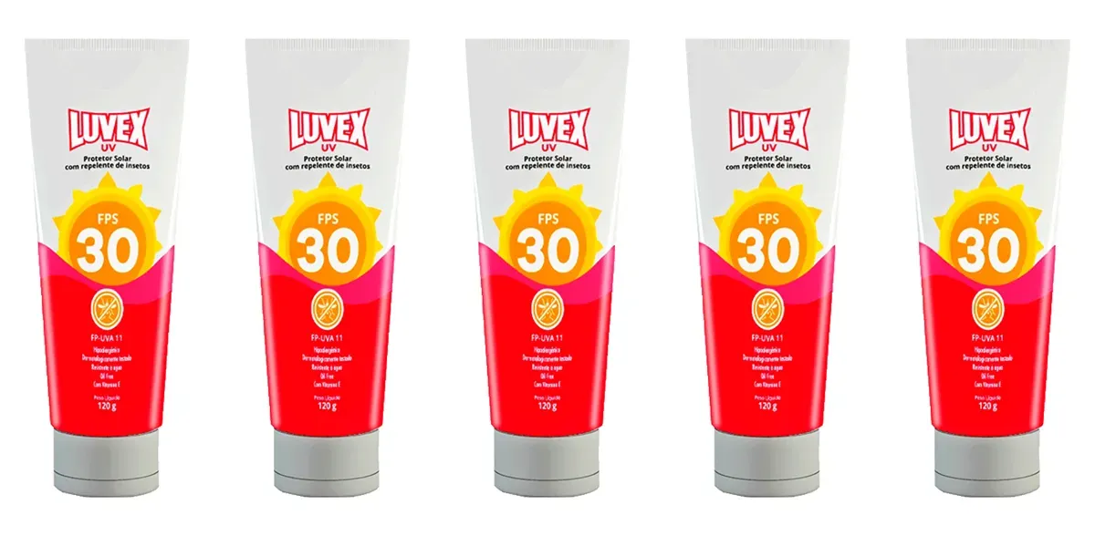 Creme de Proteção Solar Luvex FPS 30 Com Repelente 120ml Hipoalergênico e Atóxico - Kit com 5 Unidades