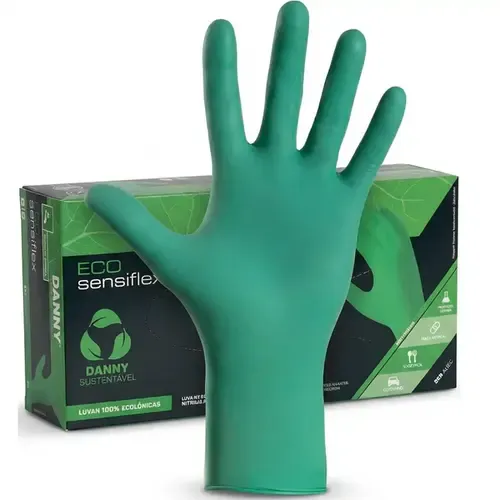 Luva Nitrílica Descartável Biodegradável Verde Sem Talco Eco Sensiflex Danny 50 Unidades DA-90114 CA 53863