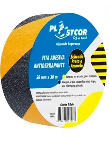 Fita Zebrada Autoadesiva Antiderrapante Plastcor Amarela e Preta 50MM x 30MTS