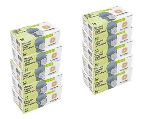 Máscara Tripla Descarpack 3 Camadas Branca e Clipe Nasal - Caixa Master com 10 Dispensers