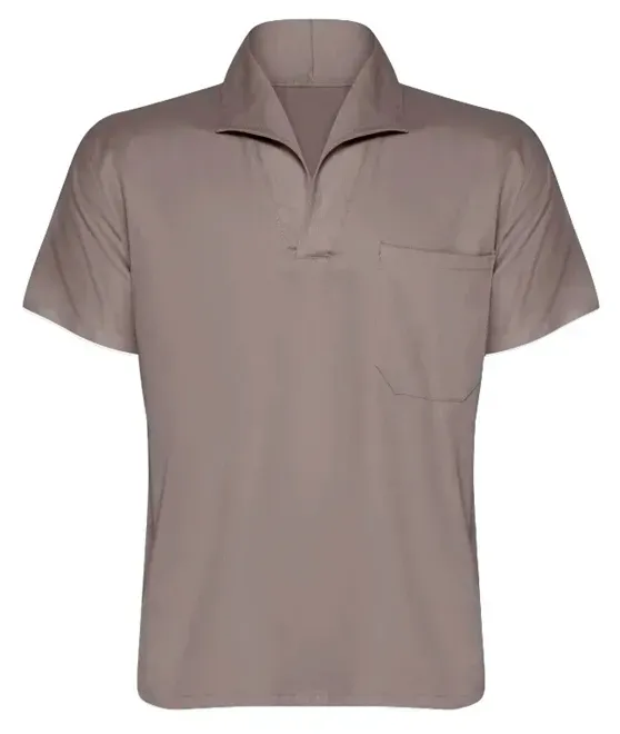 Camisa Profissional em Brim Manga Curta Com Gola Italiana Cor Cinza