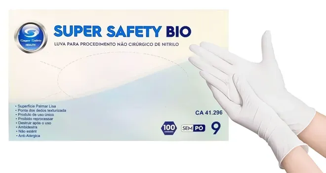 Luva Nitrílica Branca Super Safety Safe Bio Sem talco Ambidestra 100 Unidades CA 41296