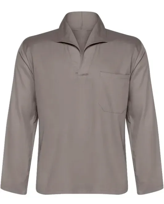 Camisa Profissional em Brim Manga Longa Com Gola Italiana Cor Cinza