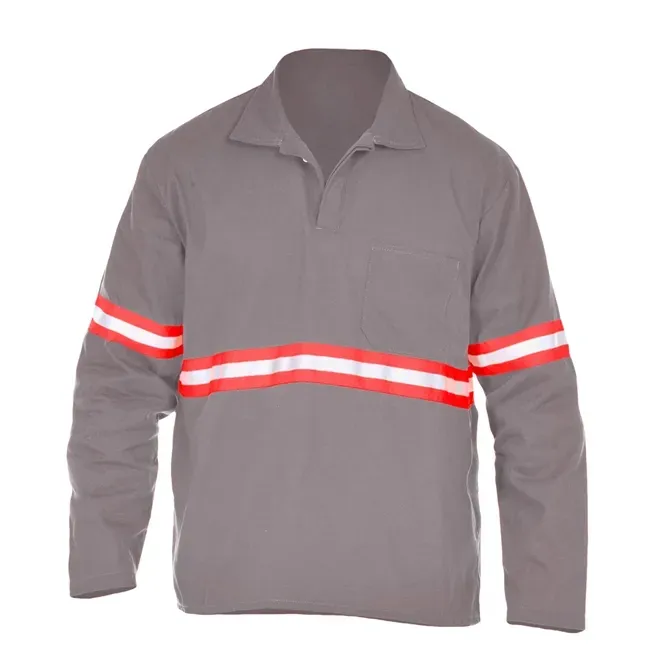 Camisa Operacional Proteção Solar UV50+ Commanders Manga Longa com Gola Italiana Confeccionada em Brim Cinza com Refletivo Laranja e Prata e Bolso