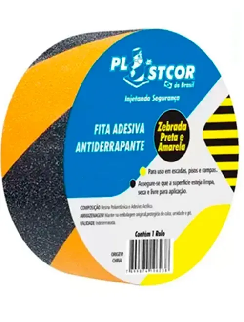 Zebrada Autoadesiva Antiderrapante Plastcor Amarela e Preta 50MM x 5MTS