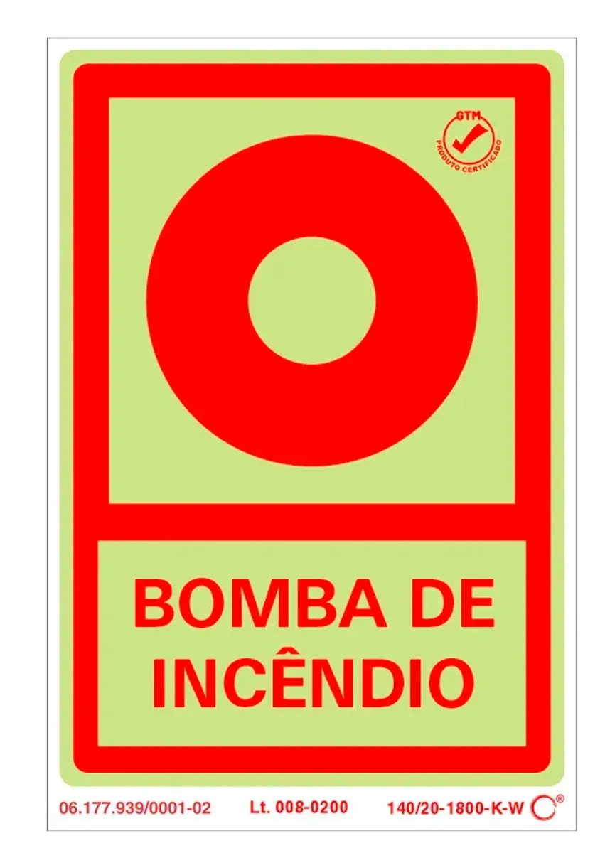 Placa de Sinalização Bomba de Incêndio Fotoluminescente 10x15 CM Certificada norma ABNT 16820 - E3