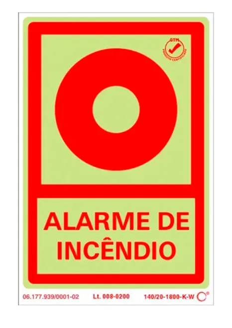 Placa de Sinalização Alarme de Incêndio Fotoluminescente 10x15 CM Certificada norma ABNT 16820 - E2