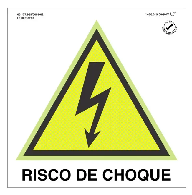Placa de Sinalização Risco de Choque Fotoluminescente 20x20 CM Certificada norma ABNT 16820 - A5