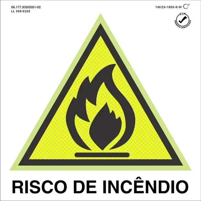 Placa de Sinalização Risco de Incêndio Fotoluminescente 20x20 CM Certificada norma ABNT 16820 - A2