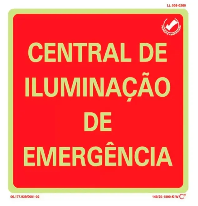 Placa de Sinalização Central de Iluminação de Emergência Fotoluminescente 20x20 CM Certificada norma ABNT 16820 - CIE