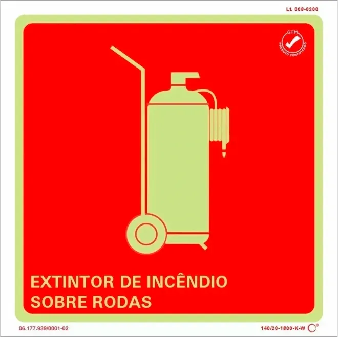 Placa de Sinalização Extintor de Incêndio Sobre Rodas Fotoluminescente 20x20 CM Certificada norma ABNT 16820 - E11