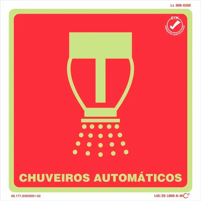 Placa de Sinalização Chuveiros Automáticos Fotoluminescente 20x20 CM Certificada norma ABNT 16820 - E10