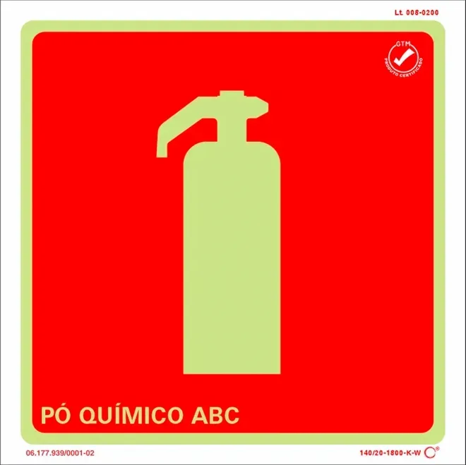 Placa de Sinalização Extintor Pó Químico ABC Fotoluminescente 20x20 CM Certificada norma ABNT 16820 - E5ABC
