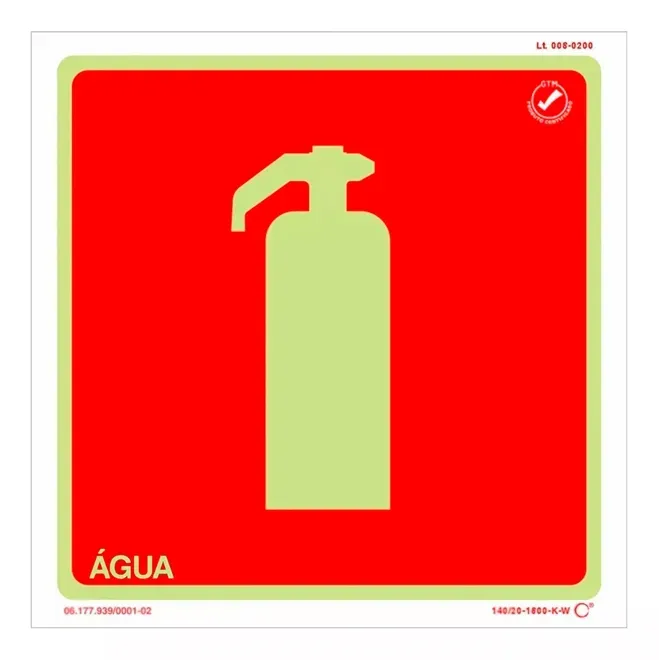 Placa de Sinalização Extintor Água Fotoluminescente 20x20 CM Certificada norma ABNT 16820 - E5AGUA