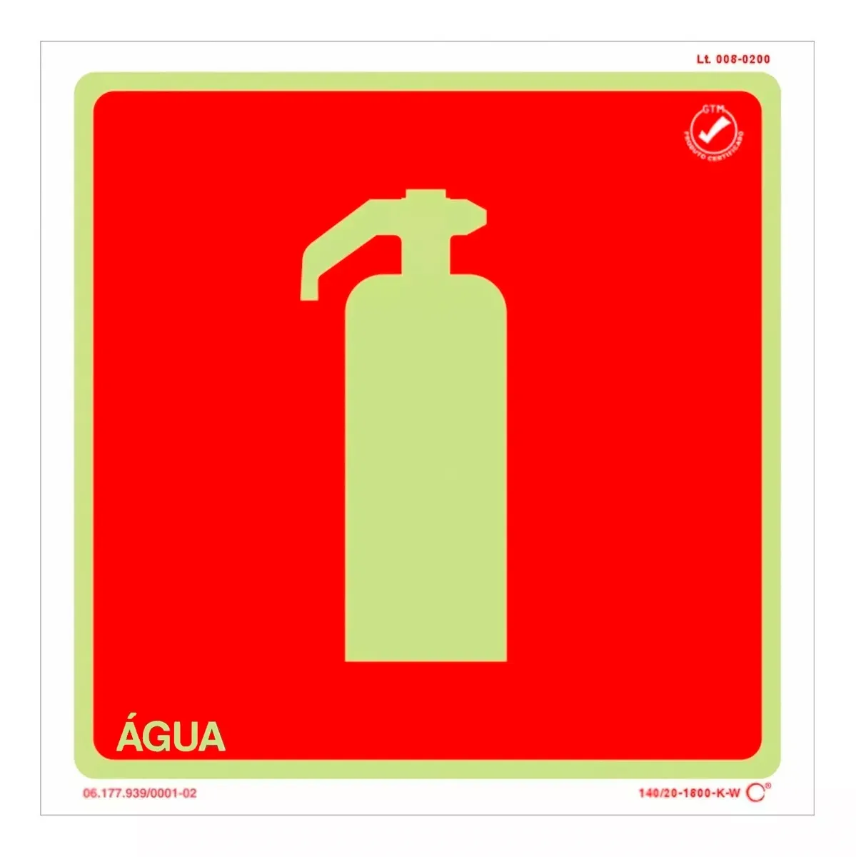 Placa de Sinalização Extintor Água Fotoluminescente 20x20 CM Certificada norma ABNT 16820 - E5AGUA
